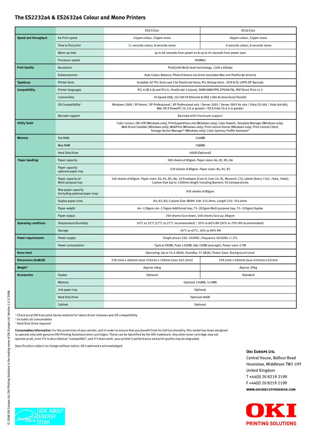 Oki ES2232a4 Speed and throughput, Print Quality, Typefaces, Compatibility, Utility Suite, Memory, Paper handling, Weight 