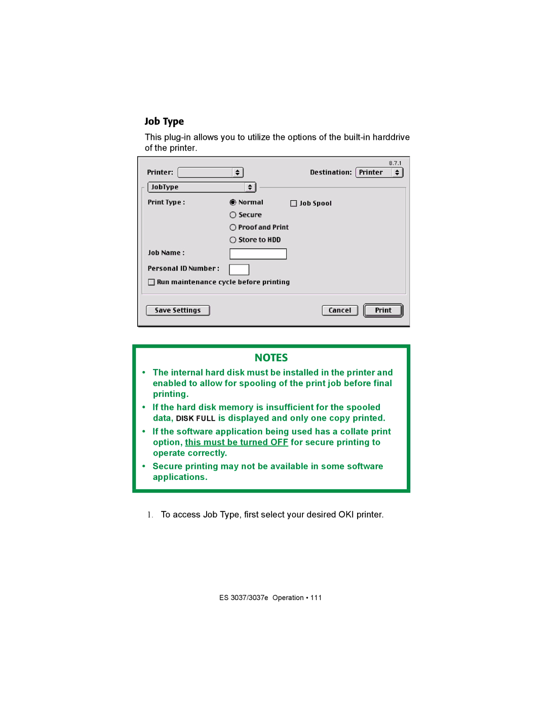 Oki ES3037 manual Job Type 