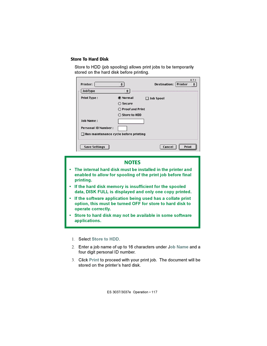 Oki ES3037 manual Select Store to HDD 