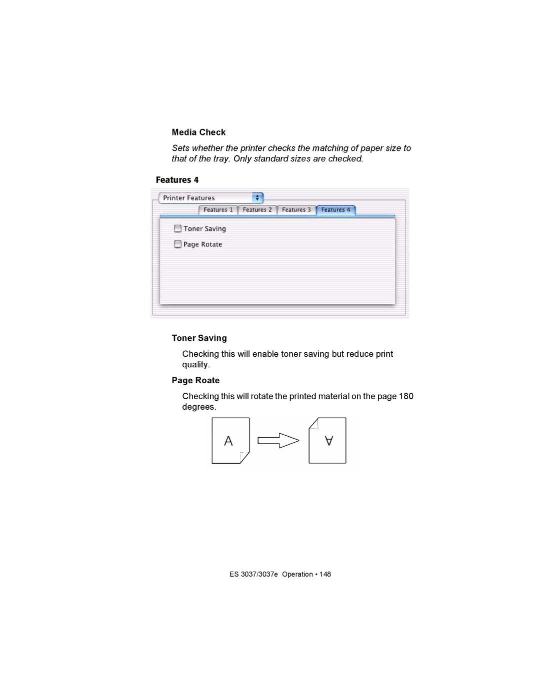 Oki ES3037 manual Media Check, Toner Saving, Roate 