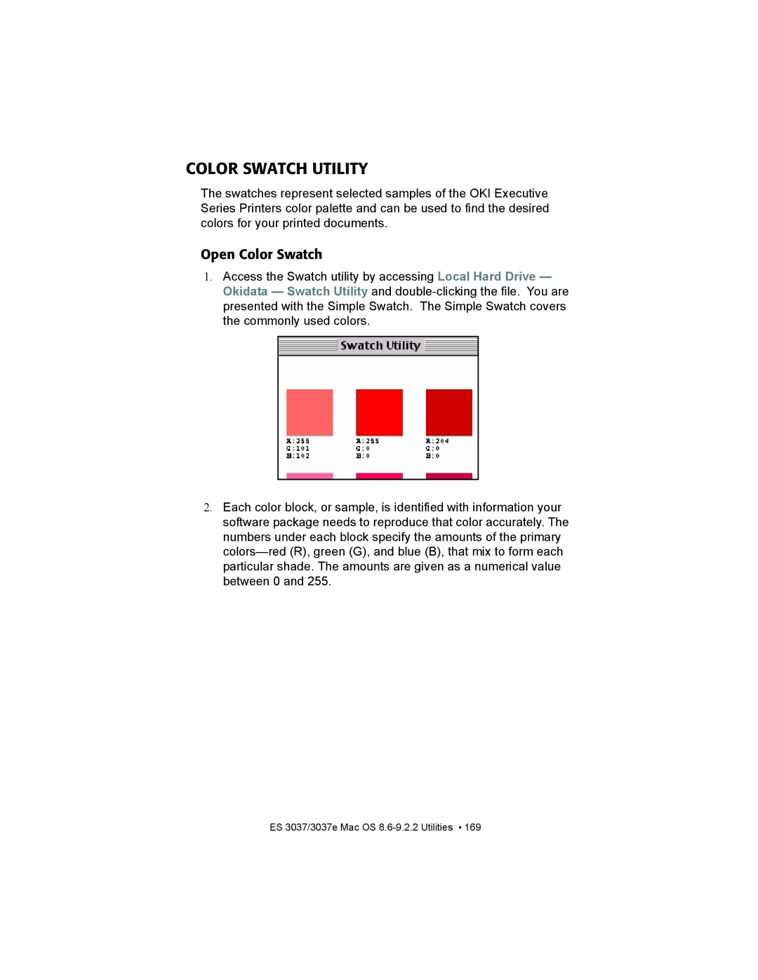 Oki ES3037 manual Color Swatch Utility, Open Color Swatch 