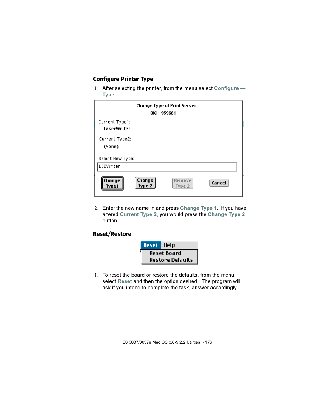 Oki ES3037 manual Configure Printer Type, Reset/Restore 