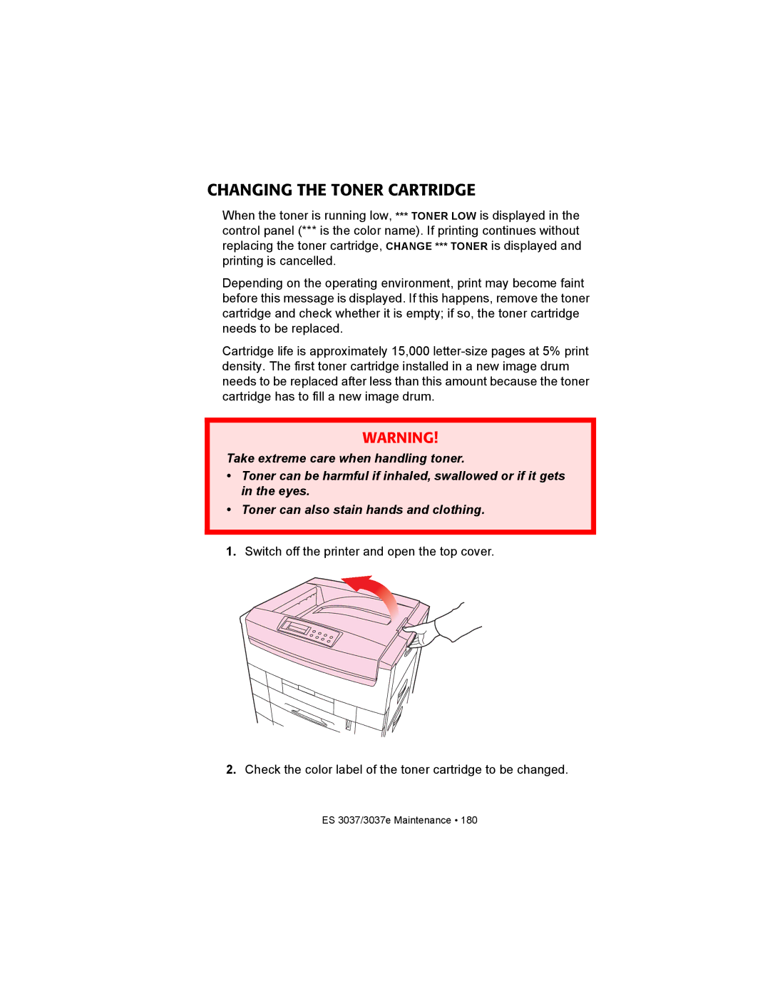 Oki ES3037 manual Changing the Toner Cartridge 