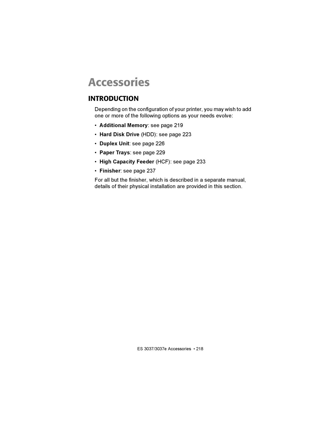 Oki ES3037 manual Introduction, Additional Memory see, High Capacity Feeder HCF see 