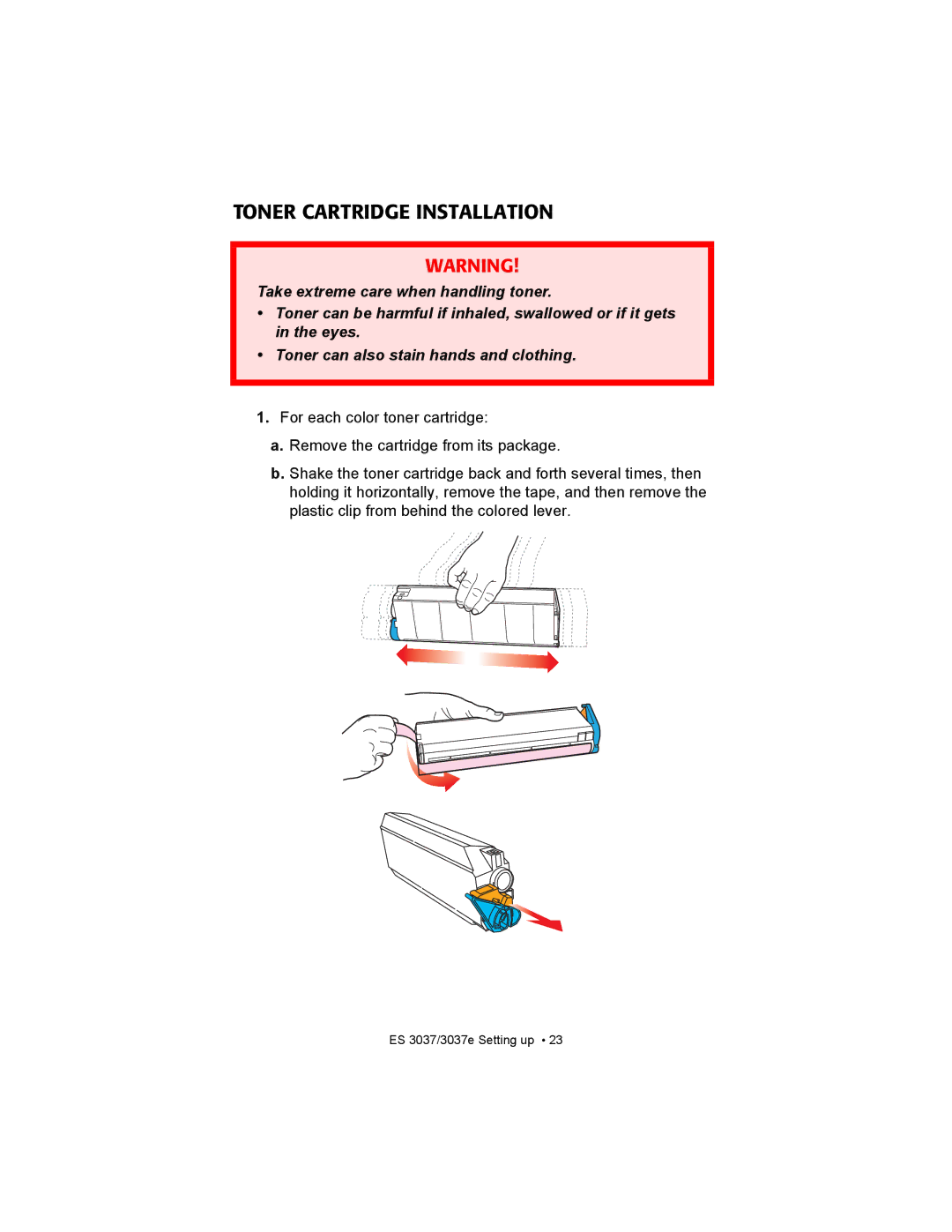 Oki ES3037 manual Toner Cartridge Installation 