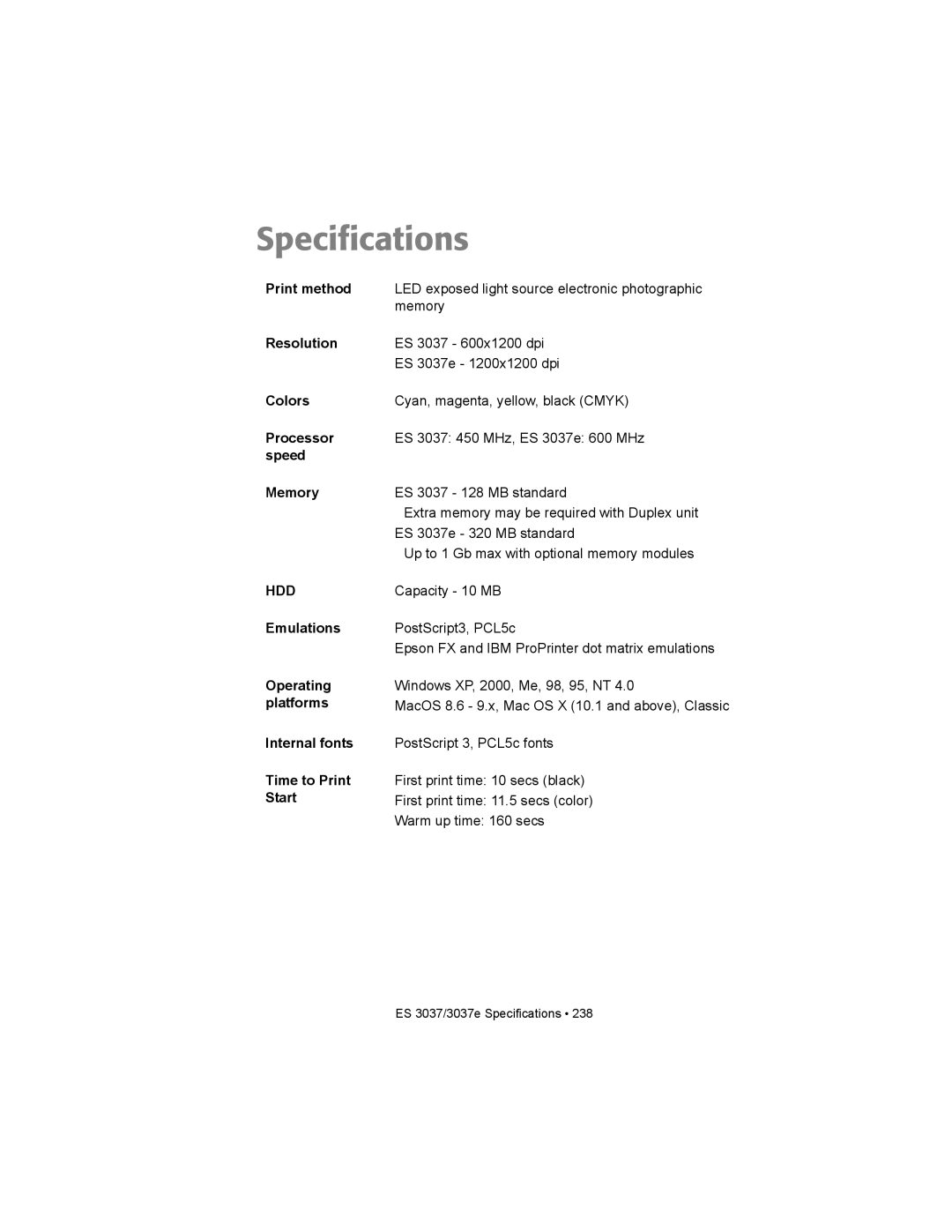 Oki ES3037 manual Specifications 