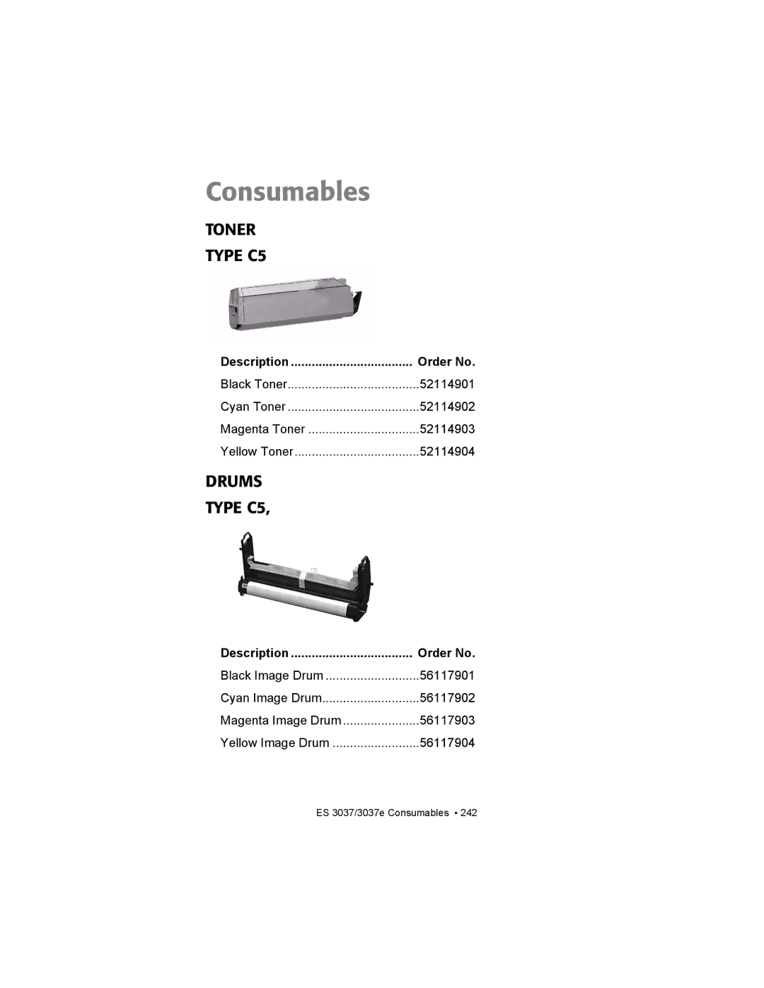 Oki ES3037 manual Toner Type C5, Drums Type C5, Order No 