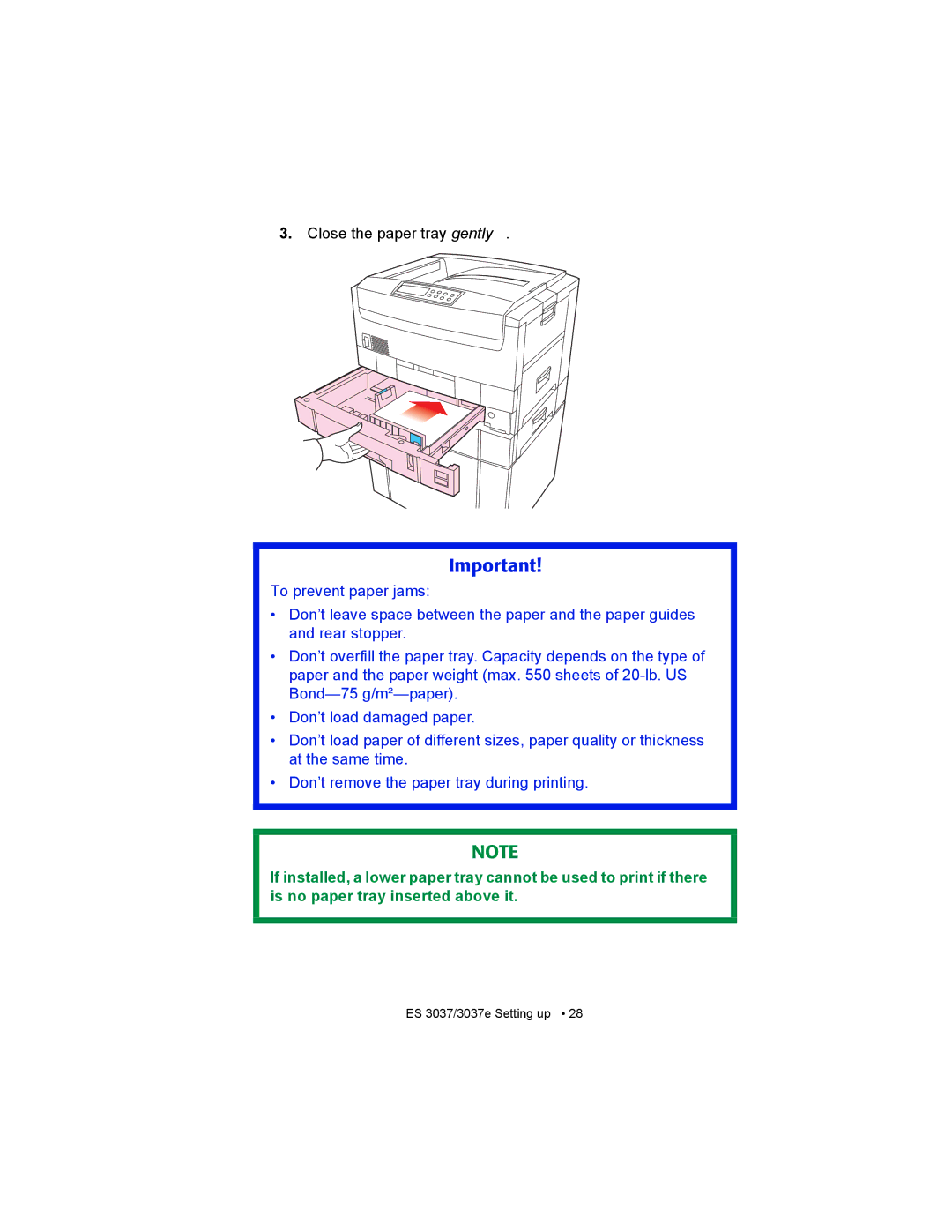 Oki ES3037 manual Close the paper tray gently 