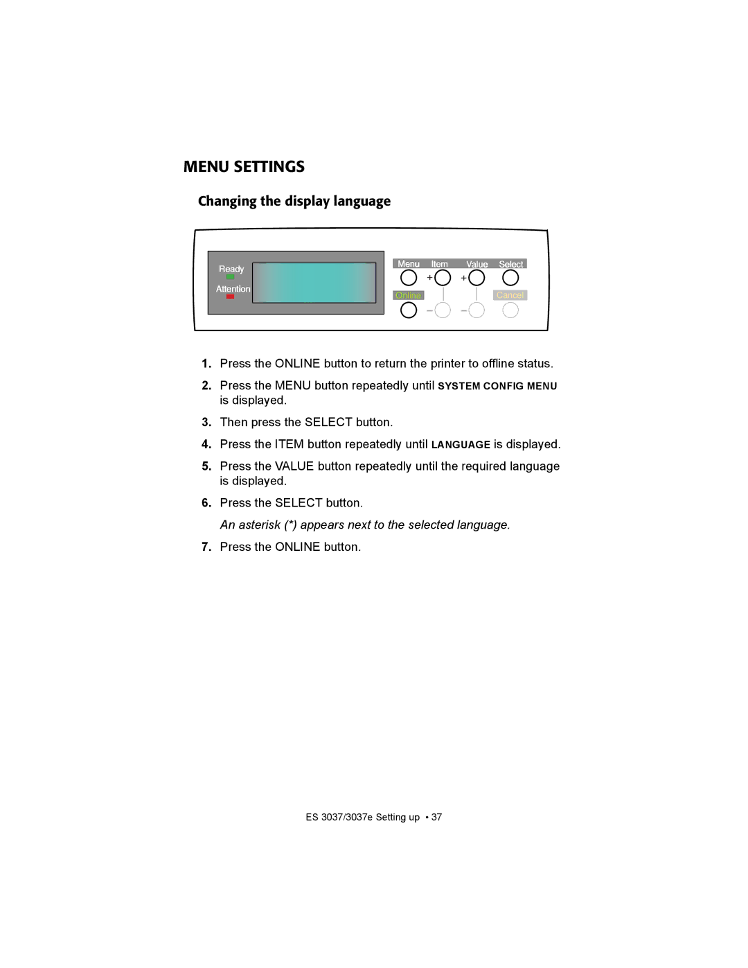 Oki ES3037 manual Menu Settings, Changing the display language 