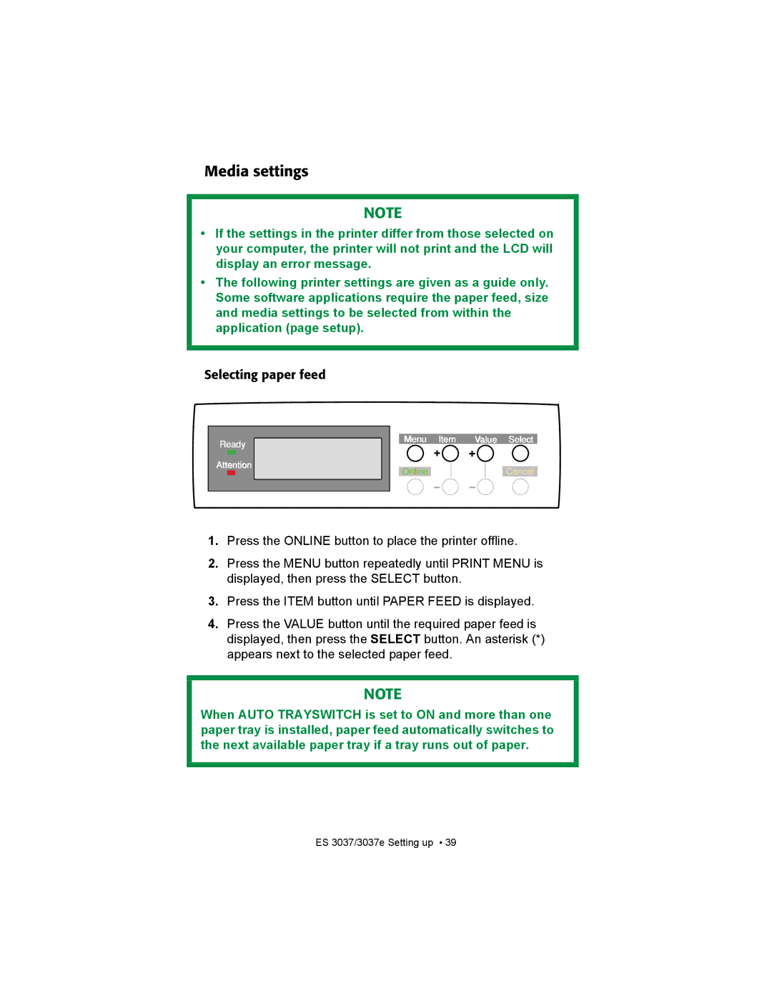 Oki ES3037 manual Media settings 