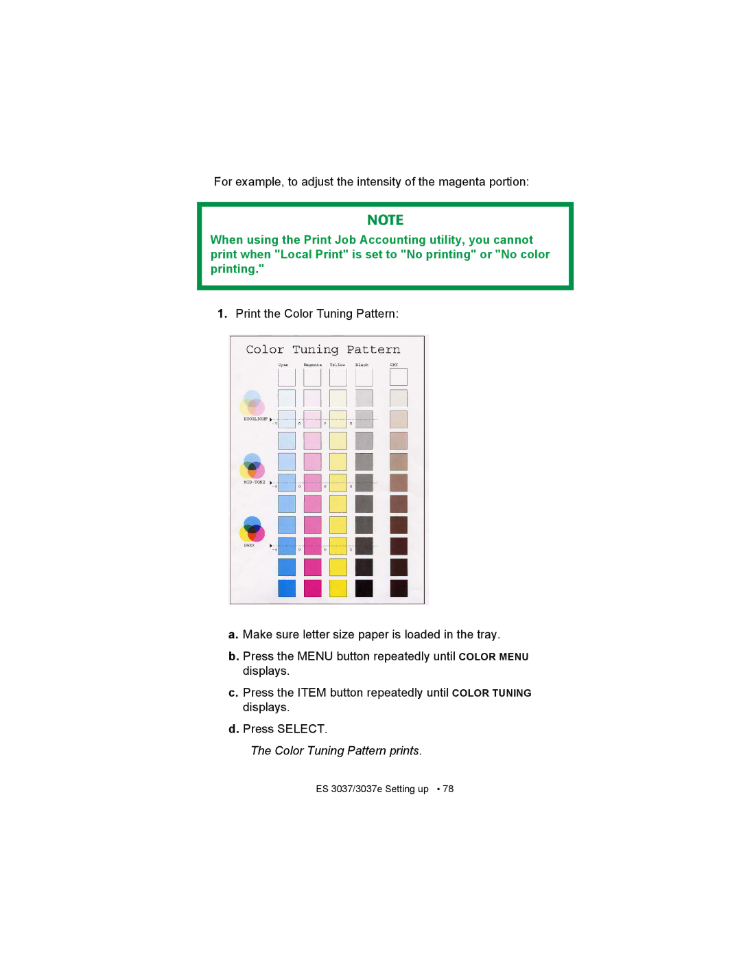 Oki ES3037 manual Color Tuning Pattern prints 