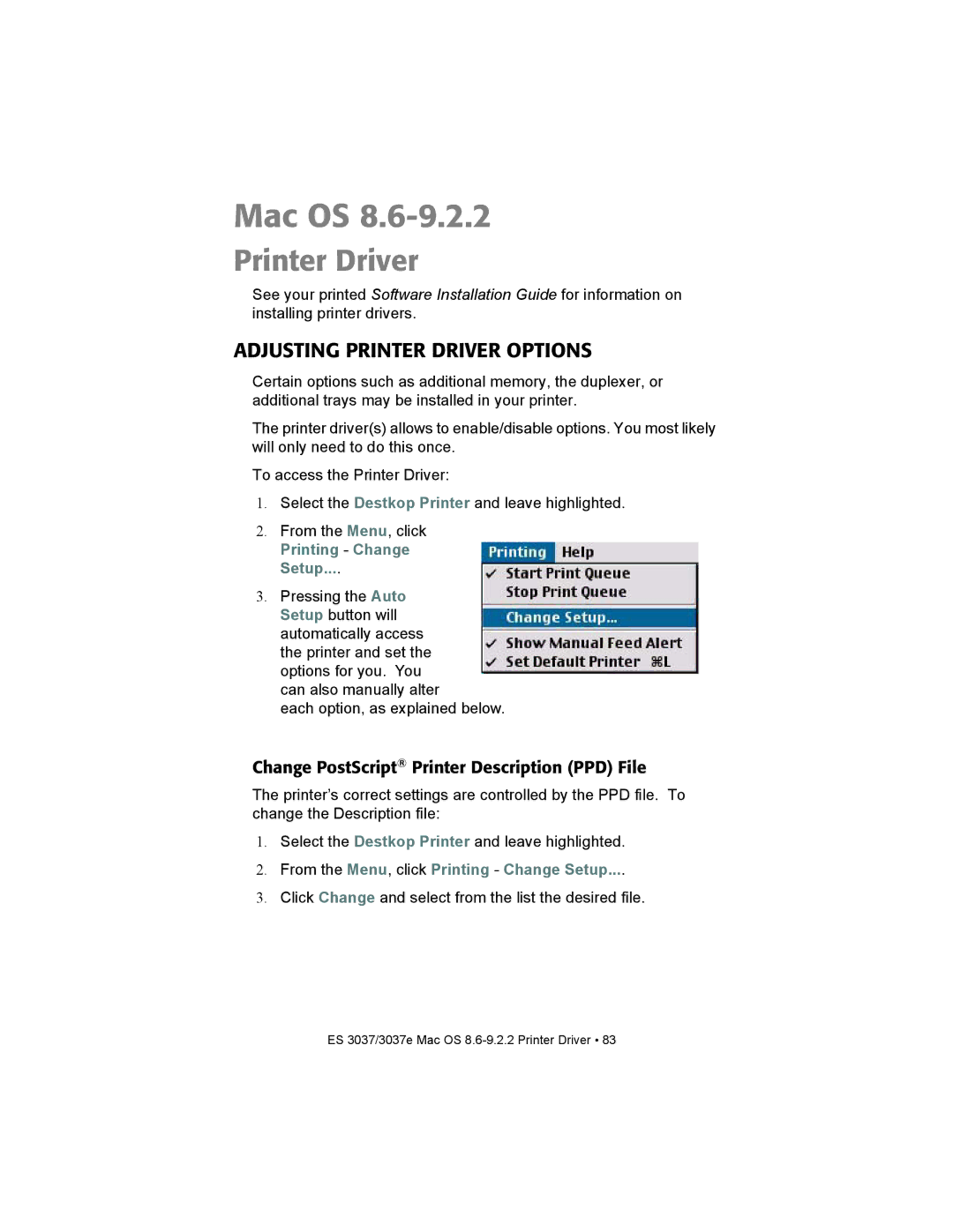 Oki ES3037 manual Adjusting Printer Driver Options, Change PostScript Printer Description PPD File 