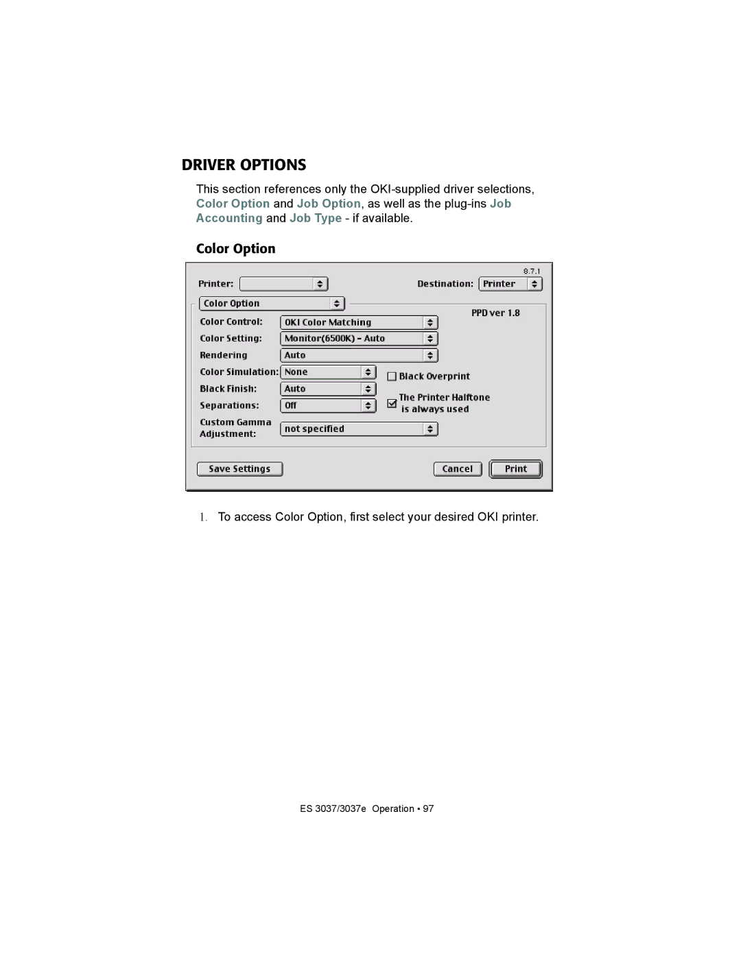 Oki ES3037 manual Driver Options, Color Option 