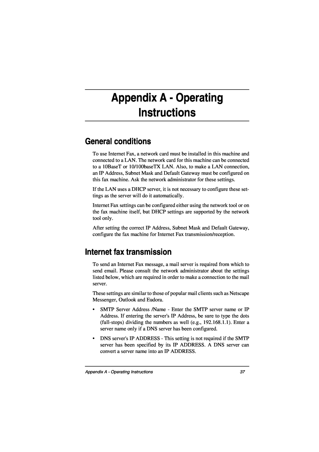 Oki ii manual Appendix A - Operating Instructions, General conditions, Internet fax transmission 