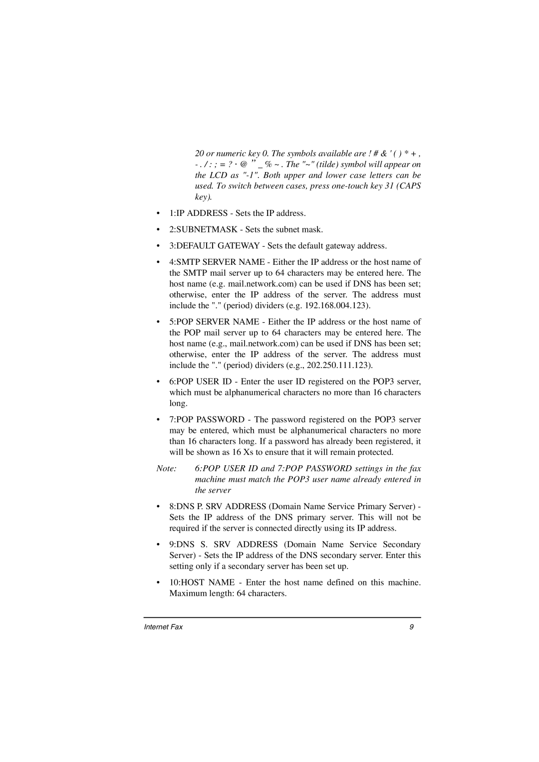 Oki ii 6POP User ID and 7POP Password settings in the fax, Machine must match the POP3 user name already entered, Server 