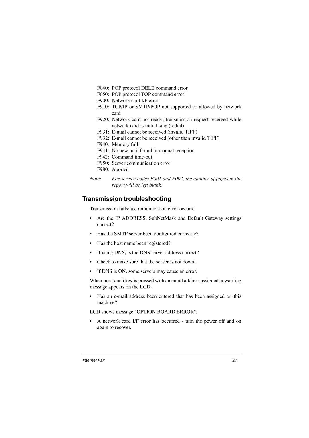 Oki ii manual Transmission troubleshooting, For service codes F001 and F002, the number of pages 