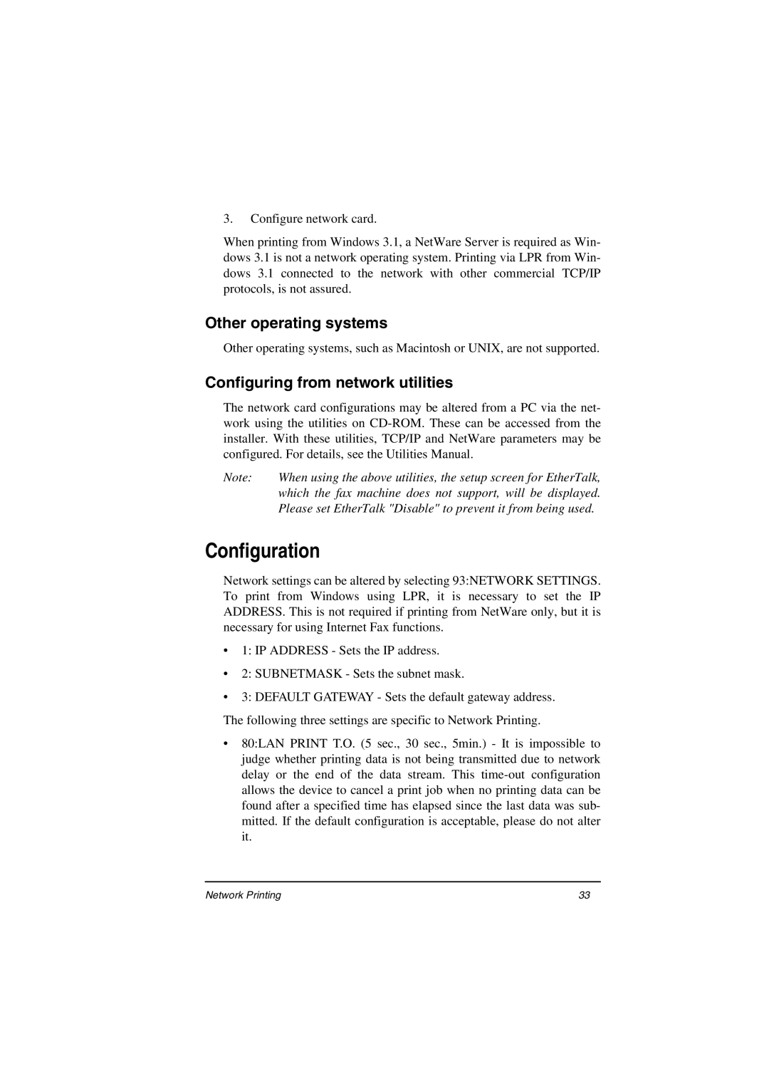 Oki ii manual Configuration, Other operating systems, Configuring from network utilities 