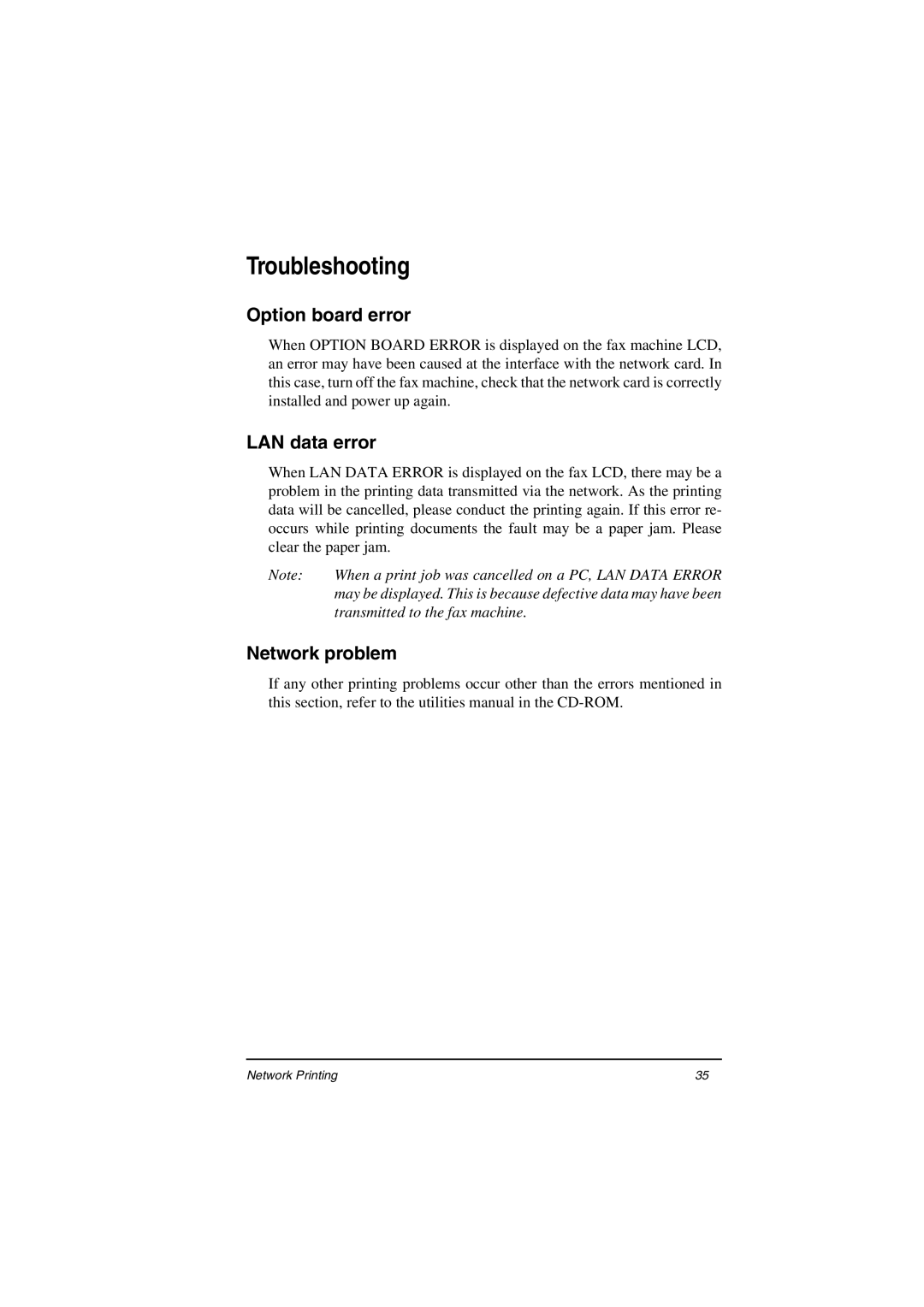 Oki ii manual Option board error, LAN data error, Network problem, When a print job was cancelled on a PC, LAN Data Error 