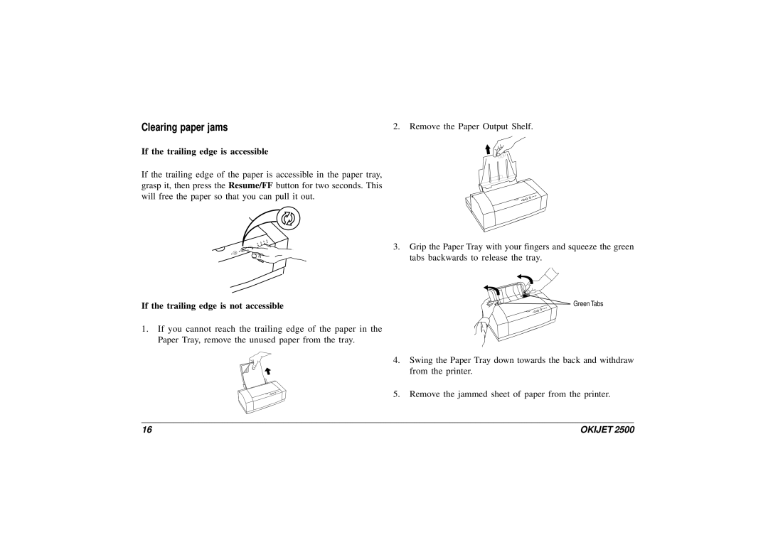 Oki JET 2500 manual Clearing paper jams, If the trailing edge is accessible 