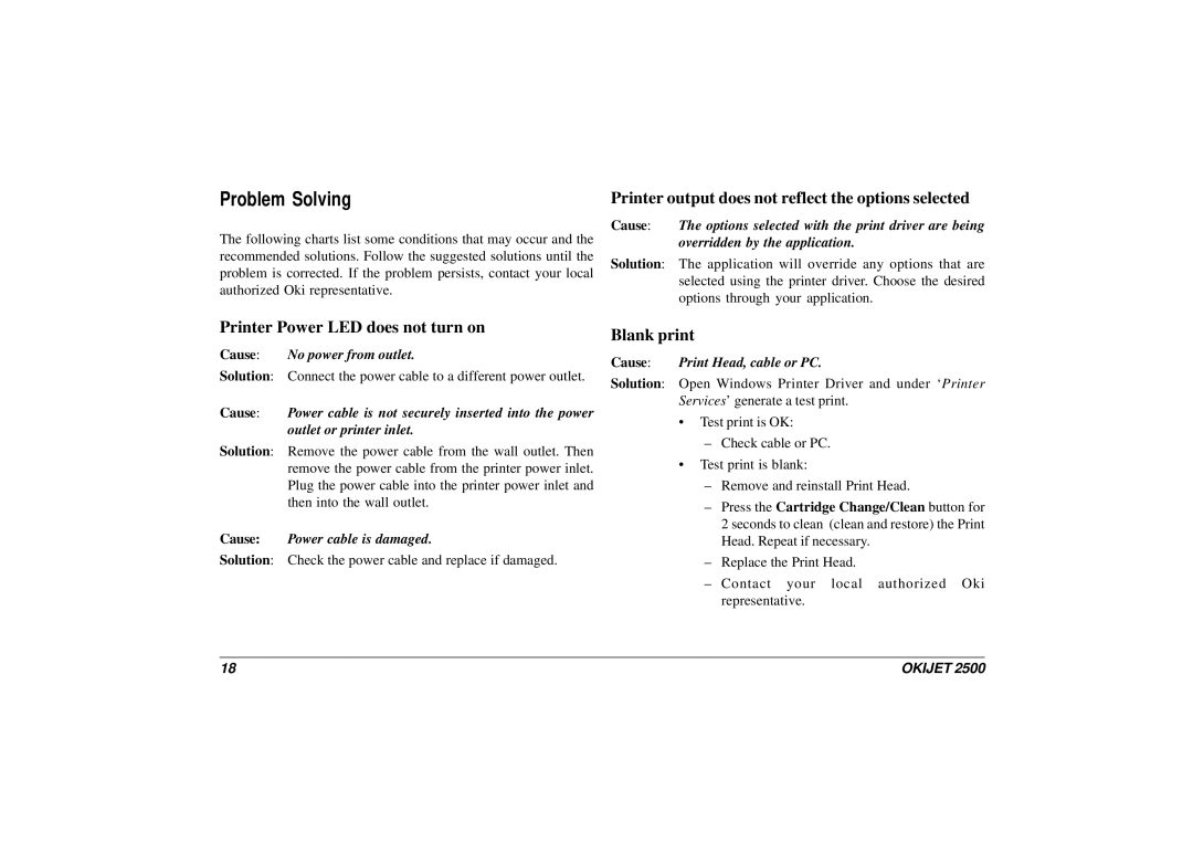 Oki JET 2500 Problem Solving, Cause No power from outlet, Cause Power cable is damaged, Cause Print Head, cable or PC 