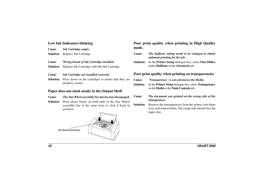 Oki JET 2500 manual Cause Ink Cartridge empty, Cause Wrong brand of Ink Cartridge installed 