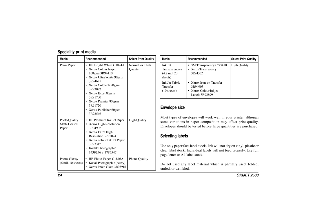 Oki JET 2500 manual Speciality print media, Envelope size, Selecting labels 