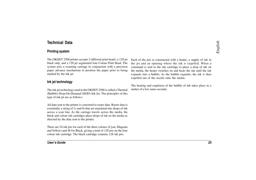 Oki JET 2500 manual Technical Data, Printing system, Ink jet technology 