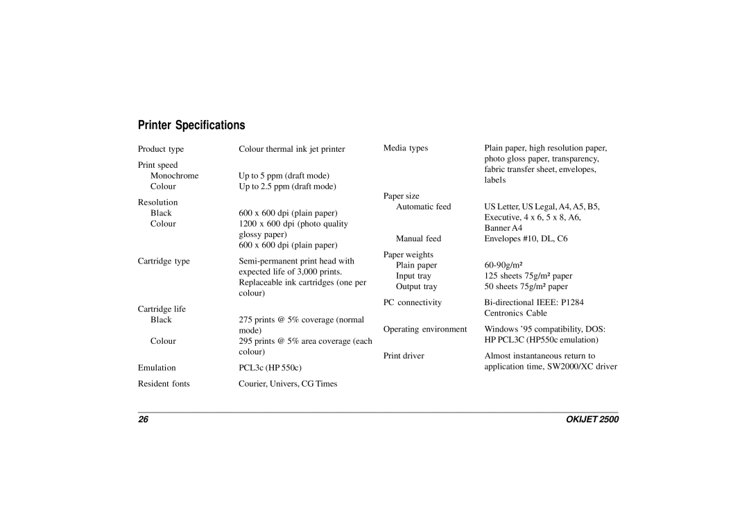 Oki JET 2500 manual Printer Specifications 