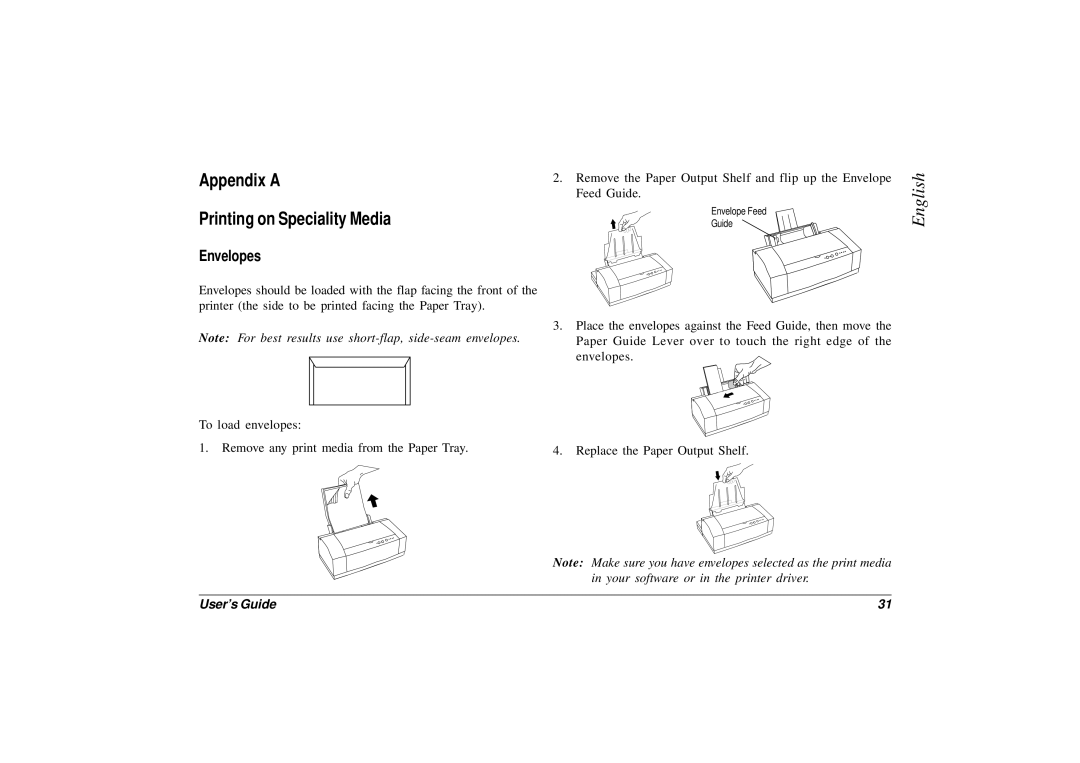 Oki JET 2500 manual Appendix a Printing on Speciality Media, Envelopes 