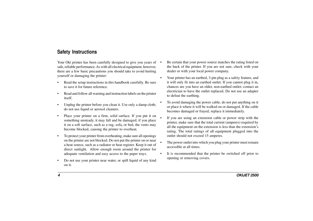 Oki JET 2500 manual Safety Instructions 