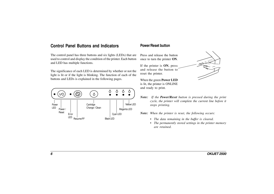 Oki JET 2500 manual Control Panel Buttons and Indicators, Power/Reset button 