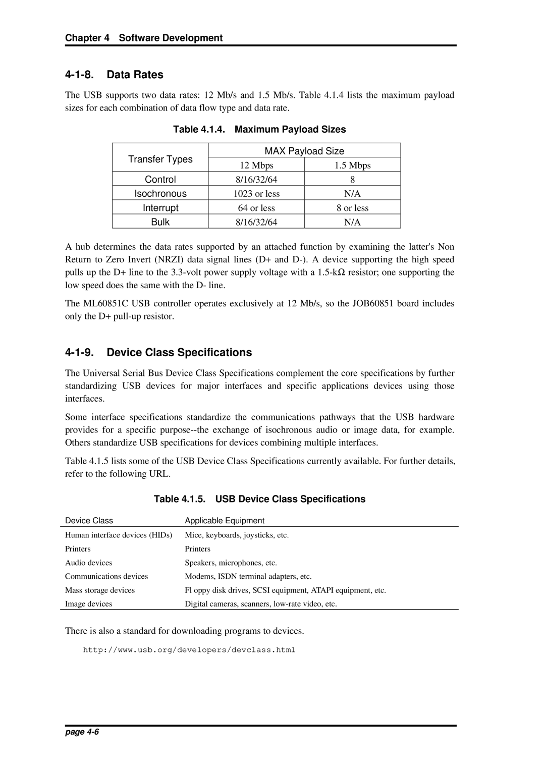 Oki JOB60851 user manual Data Rates, Maximum Payload Sizes, USB Device Class Specifications 