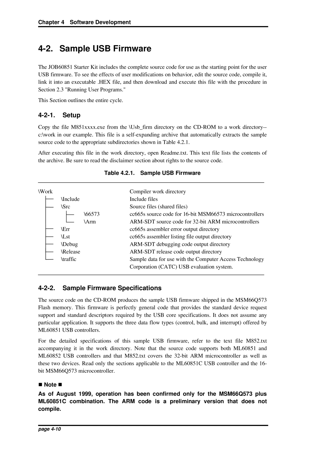 Oki JOB60851 user manual Sample USB Firmware, Setup, Sample Firmware Specifications 