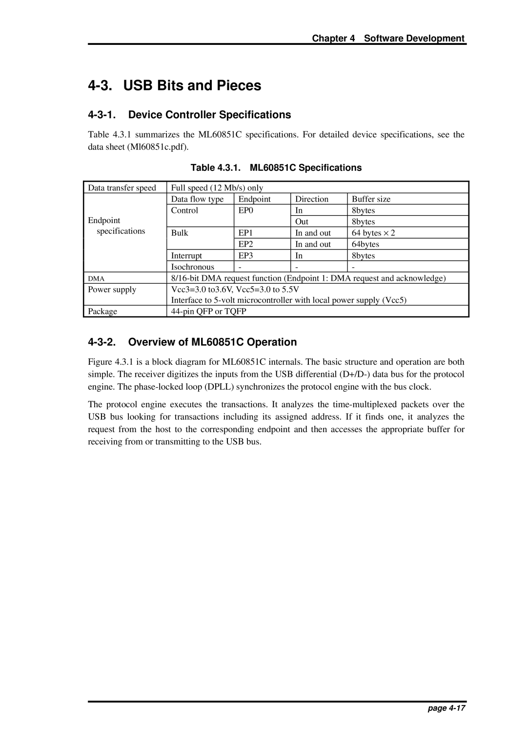 Oki JOB60851 user manual USB Bits and Pieces, Device Controller Specifications, Overview of ML60851C Operation 