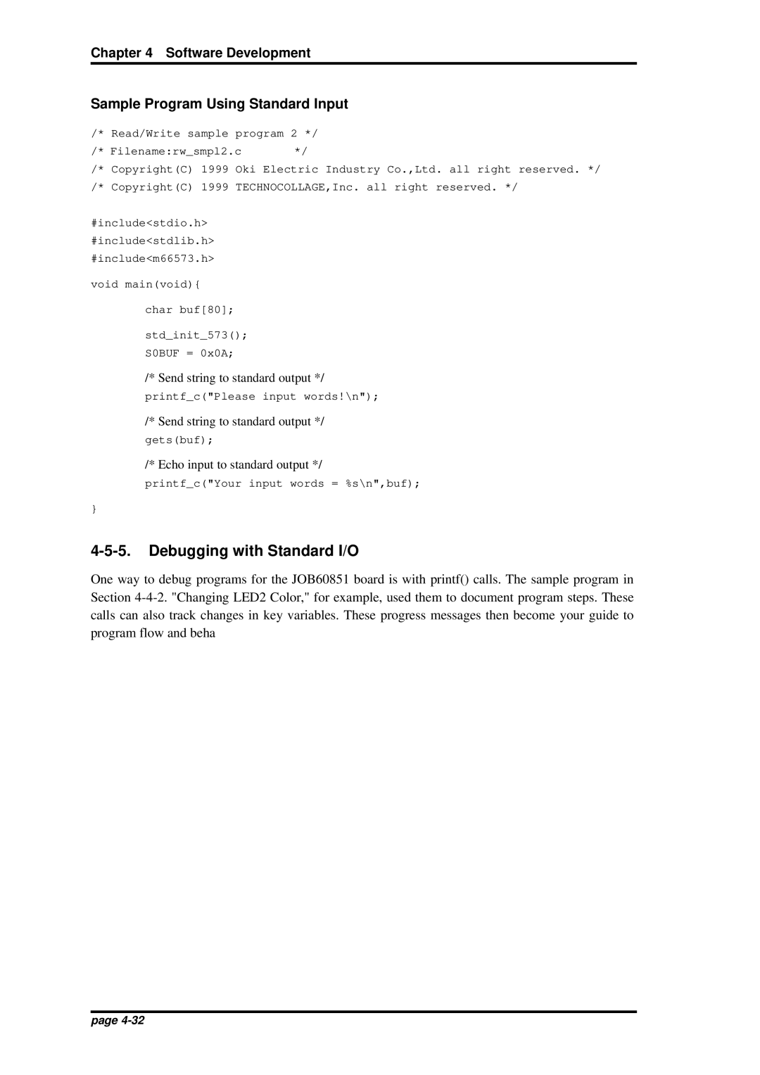 Oki JOB60851 user manual Debugging with Standard I/O, Sample Program Using Standard Input 