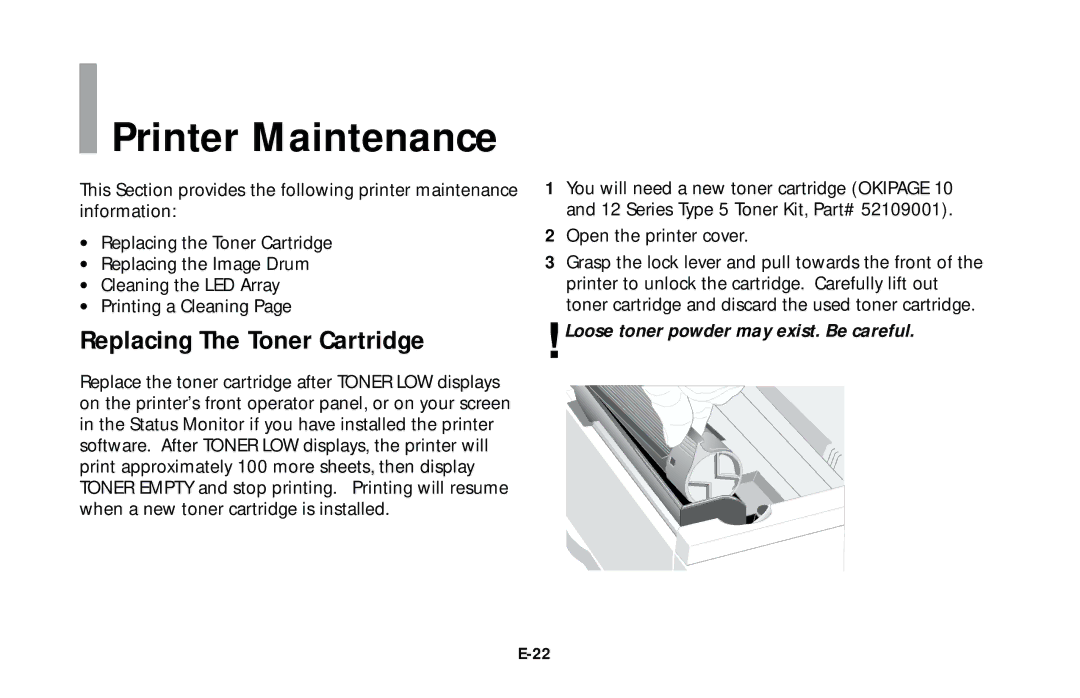 Oki LED Printer user manual Printer Maintenance, Replacing The Toner Cartridge 