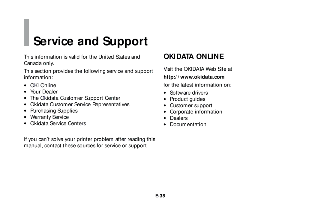 Oki LED Printer user manual Service and Support, Okidata Online 