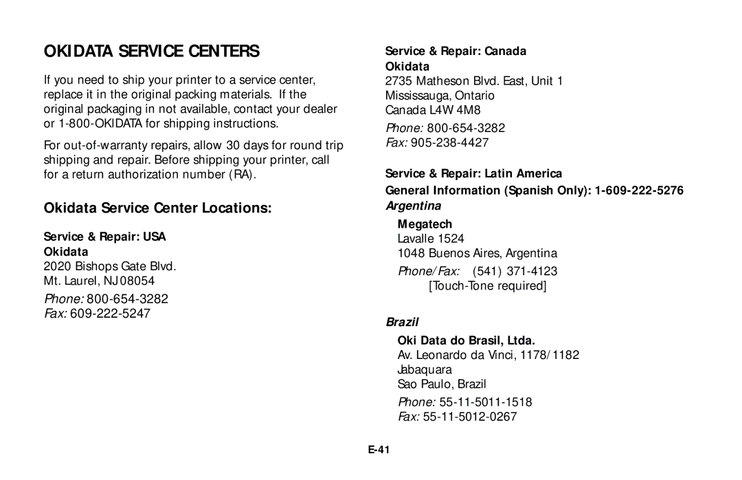 Oki LED Printer user manual Okidata Service Centers, Okidata Service Center Locations 