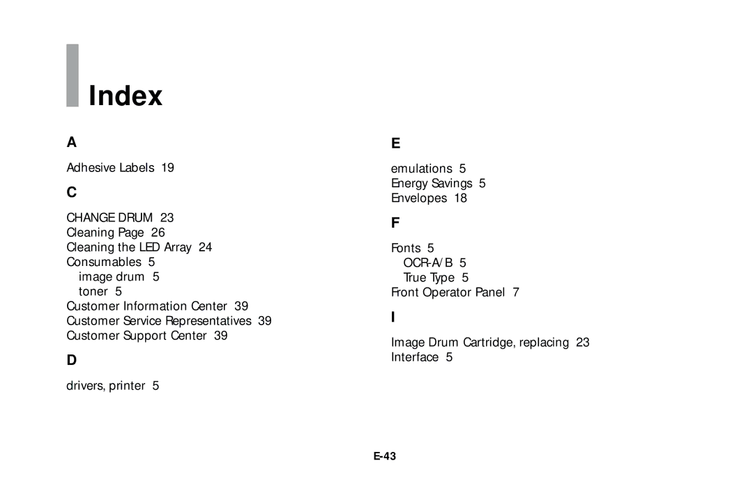 Oki LED Printer user manual Index, Change Drum 