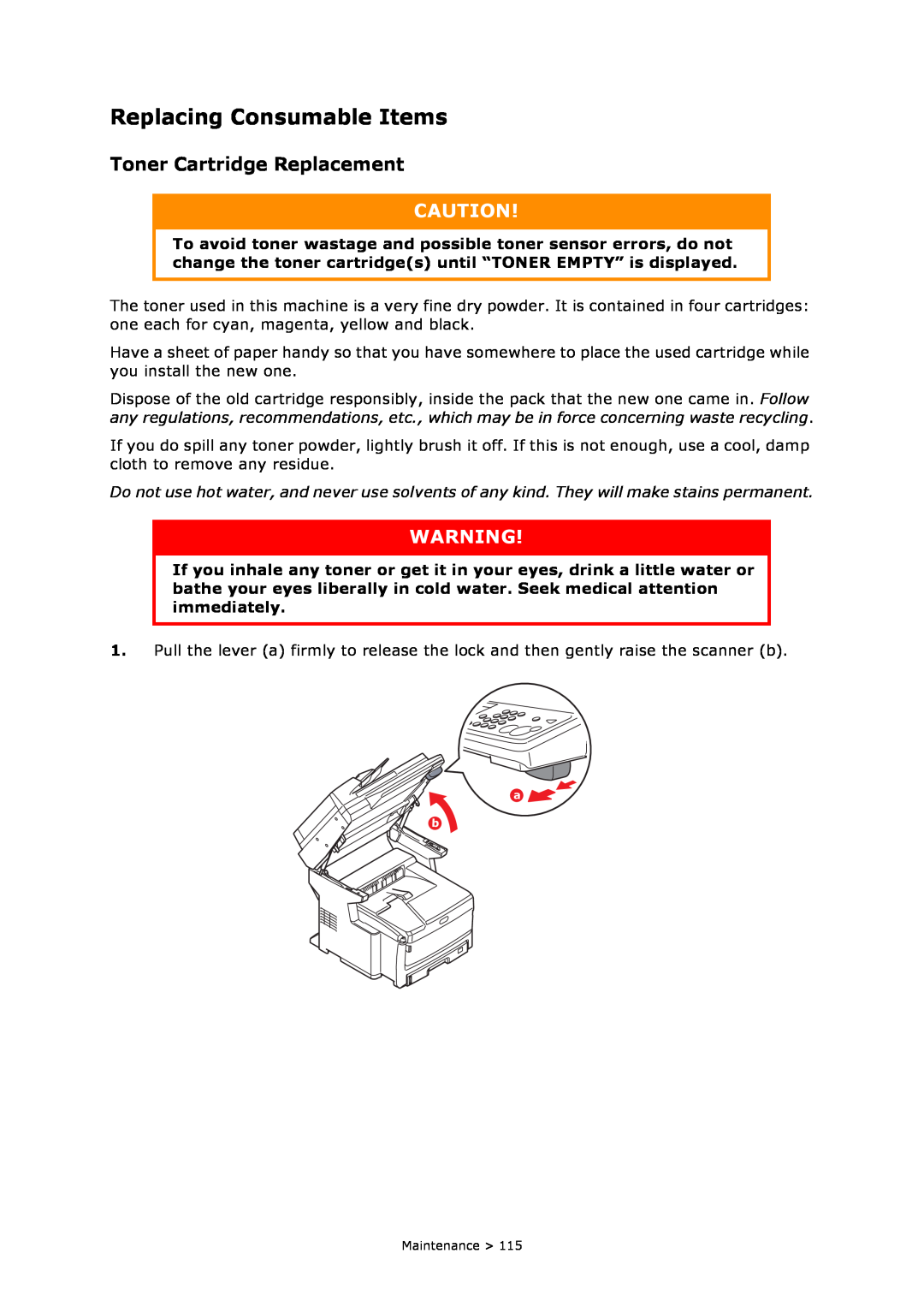 Oki MC860n MFP manual Replacing Consumable Items, Toner Cartridge Replacement 