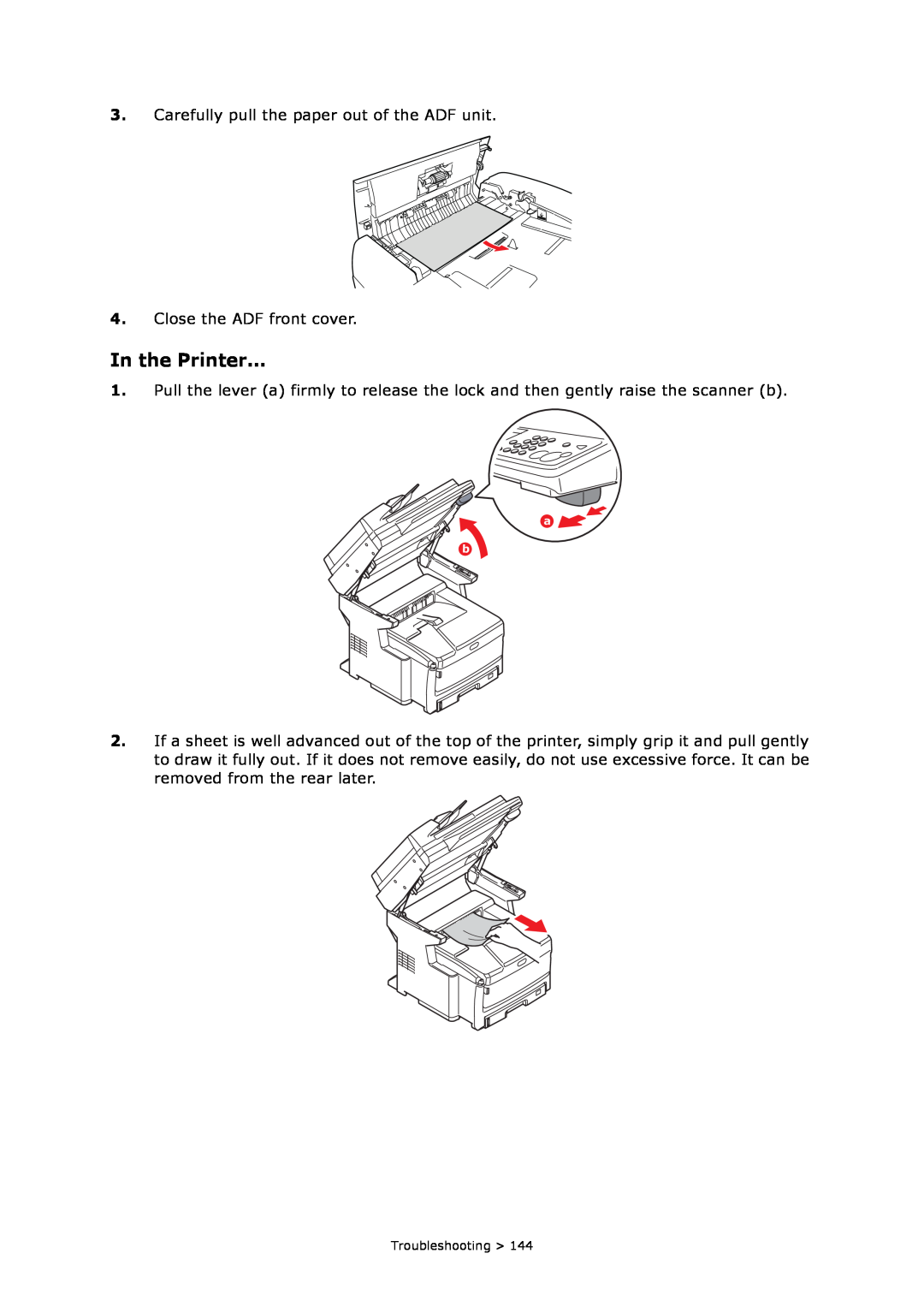 Oki MC860n MFP manual In the Printer, Carefully pull the paper out of the ADF unit, Close the ADF front cover 