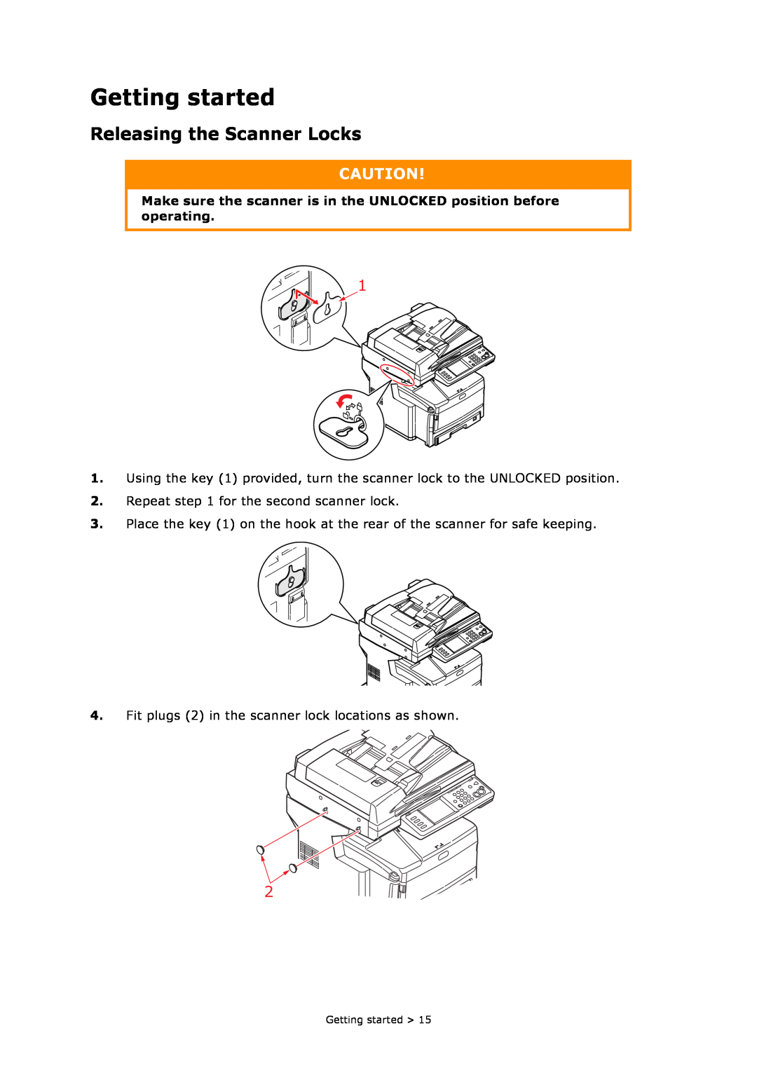 Oki MC860n MFP manual Getting started, Releasing the Scanner Locks 