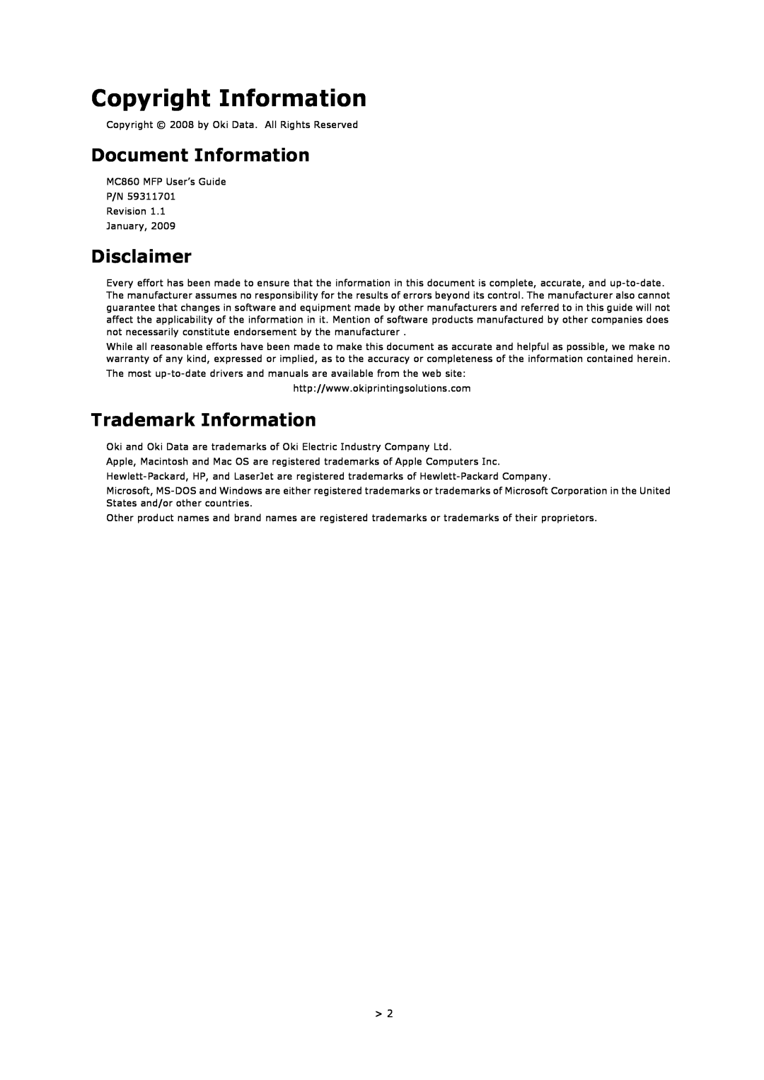 Oki MC860n MFP manual Copyright Information, Document Information, Disclaimer, Trademark Information 