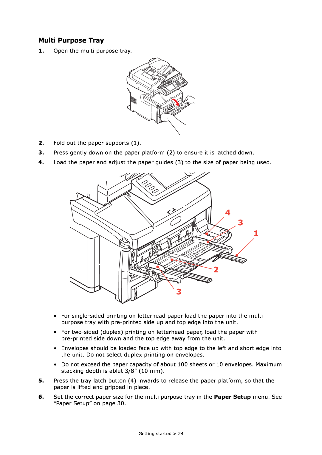 Oki MC860n MFP manual Multi Purpose Tray, Open the multi purpose tray 2. Fold out the paper supports 