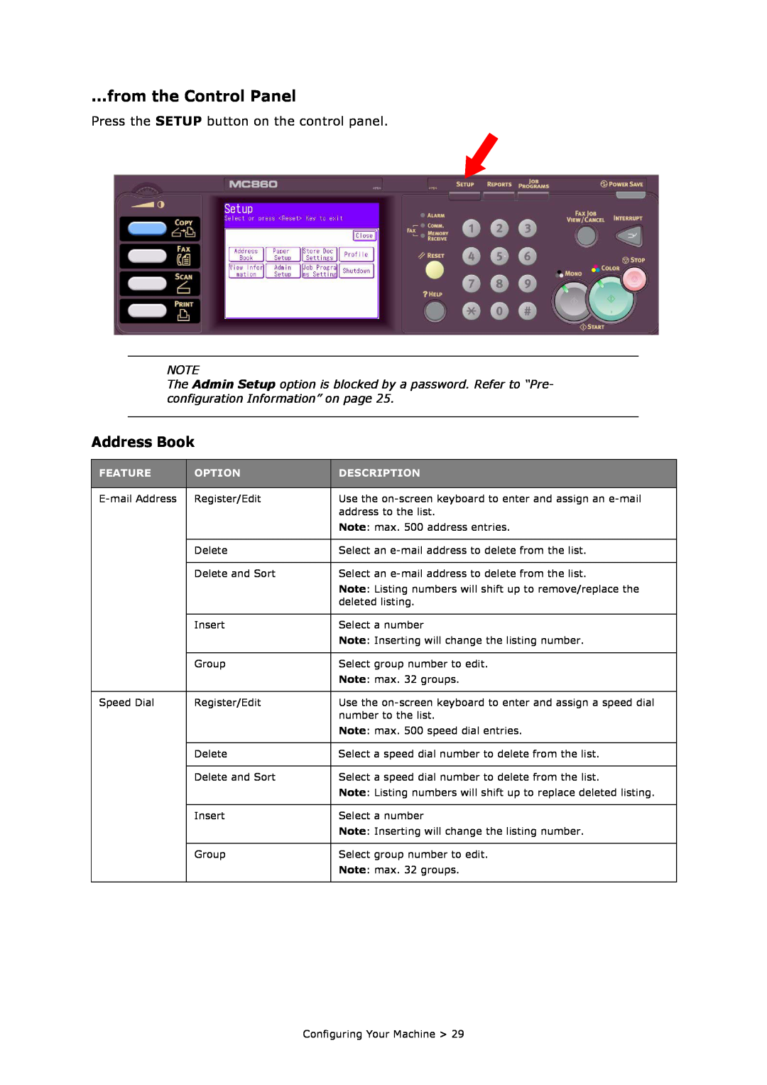 Oki MC860n MFP manual from the Control Panel, Address Book, Feature, Option, Description 