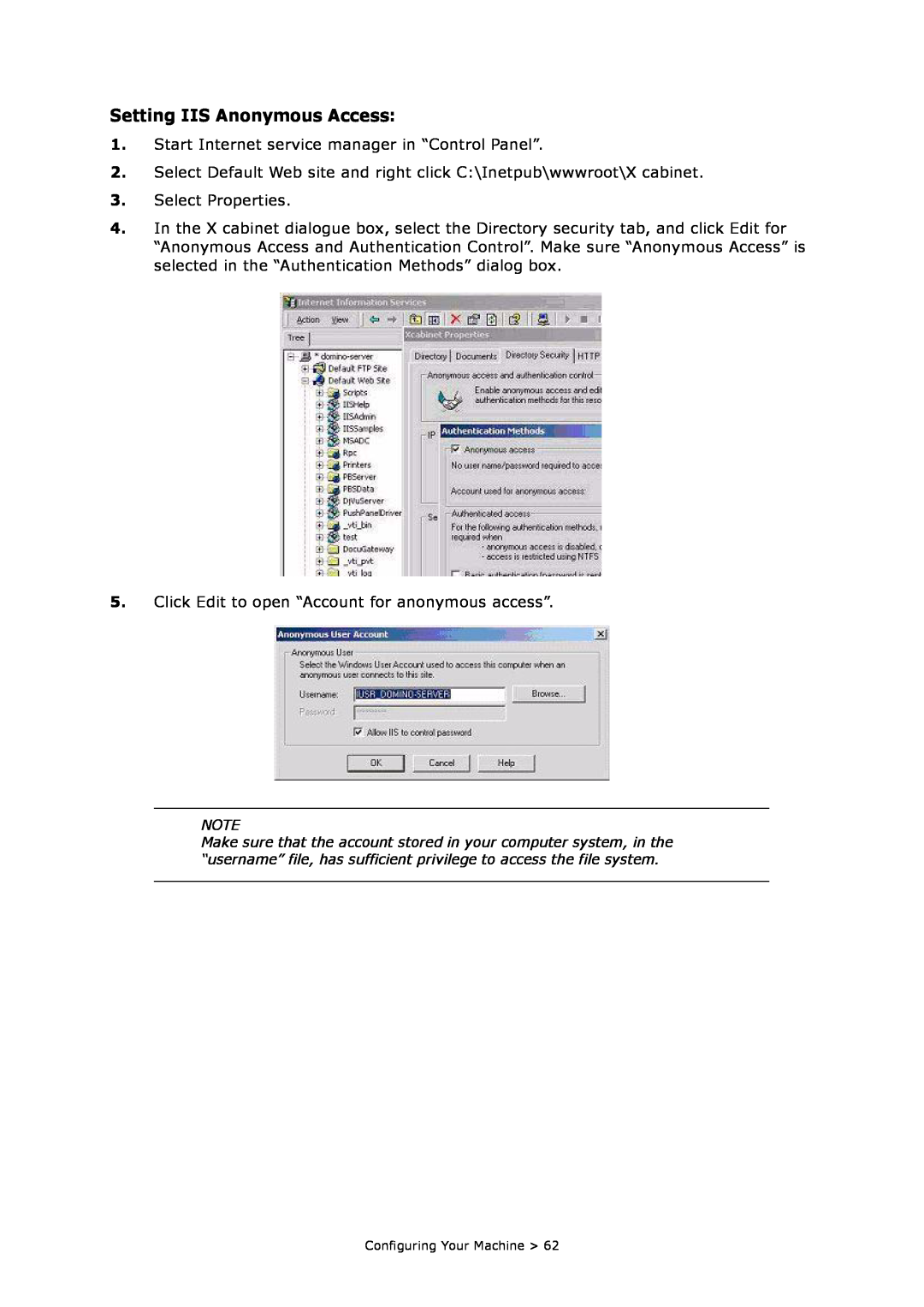 Oki MC860n MFP manual Setting IIS Anonymous Access 