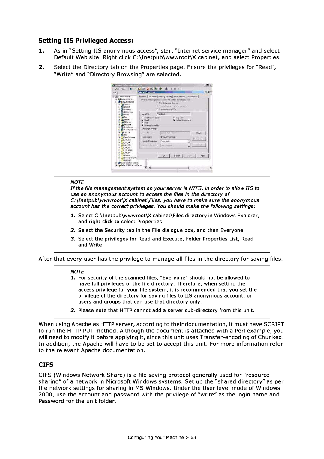 Oki MC860n MFP manual Setting IIS Privileged Access, Cifs 