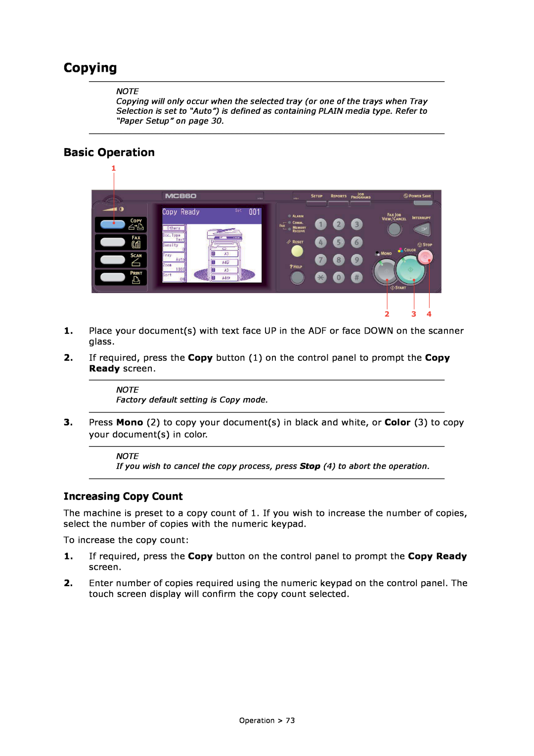 Oki MC860n MFP manual Copying, Basic Operation, Increasing Copy Count 