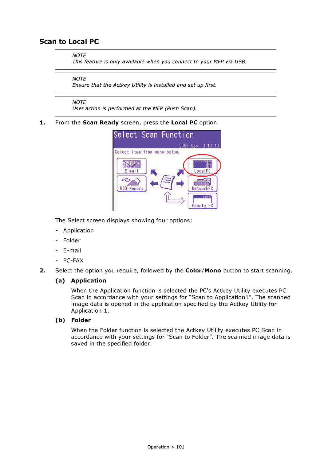 Oki MC860n MFP manual Scan to Local PC, Application, Folder 