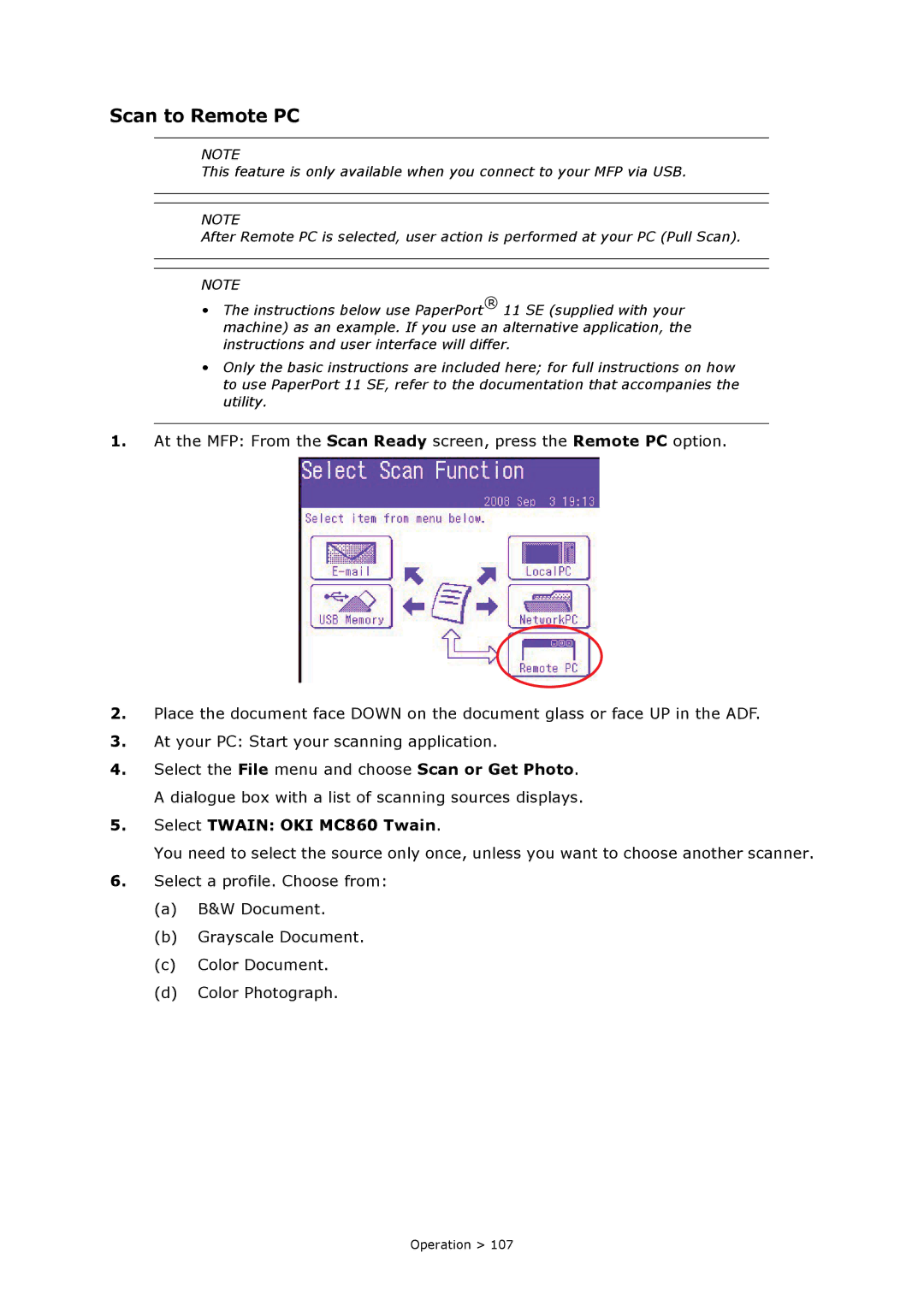 Oki MC860n MFP manual Scan to Remote PC, Select Twain OKI MC860 Twain 